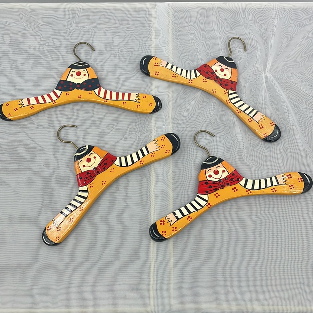 Vintage Children's Happy Clown hand painted wooden Hangers Set of 4